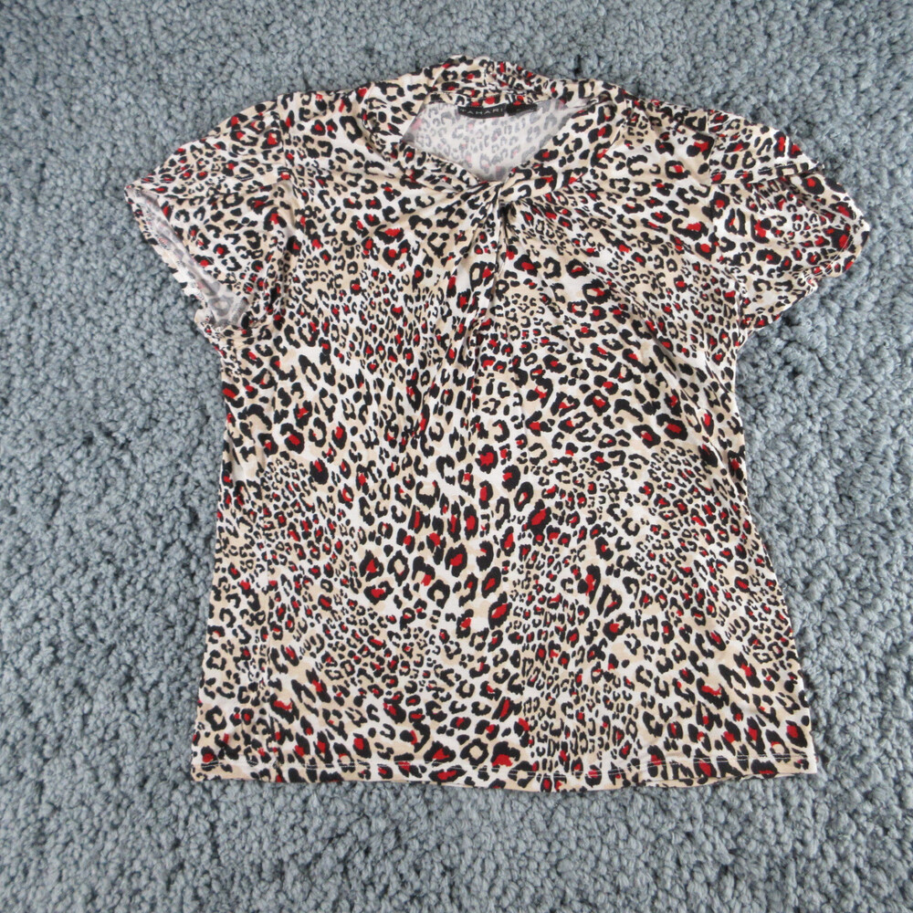 Tahari Shirt Womens Large Beige Black Red Animal Print Short Sleeve Pullover Tee